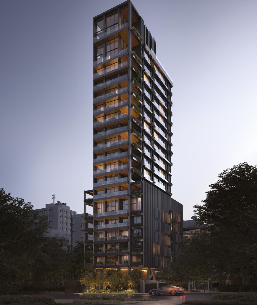 Edifício recuado com amplo jardim — RFM Jardins, Jardim América, São Paulo