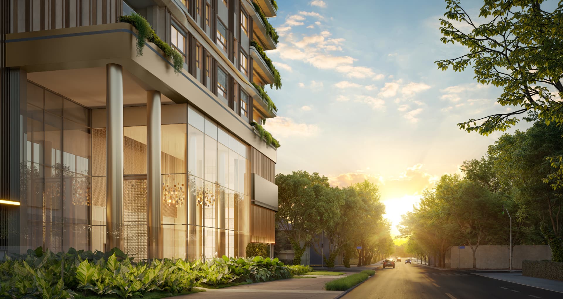 Fachada sofisticada de empreendimento residencial com iluminação dourada do pôr do sol