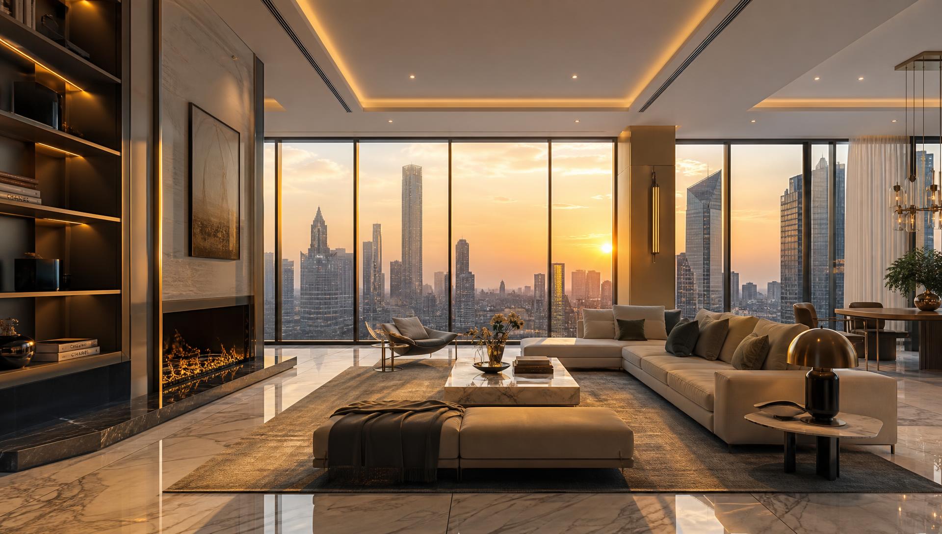 Living sofisticado de cobertura com vista panorâmica da cidade ao pôr do sol