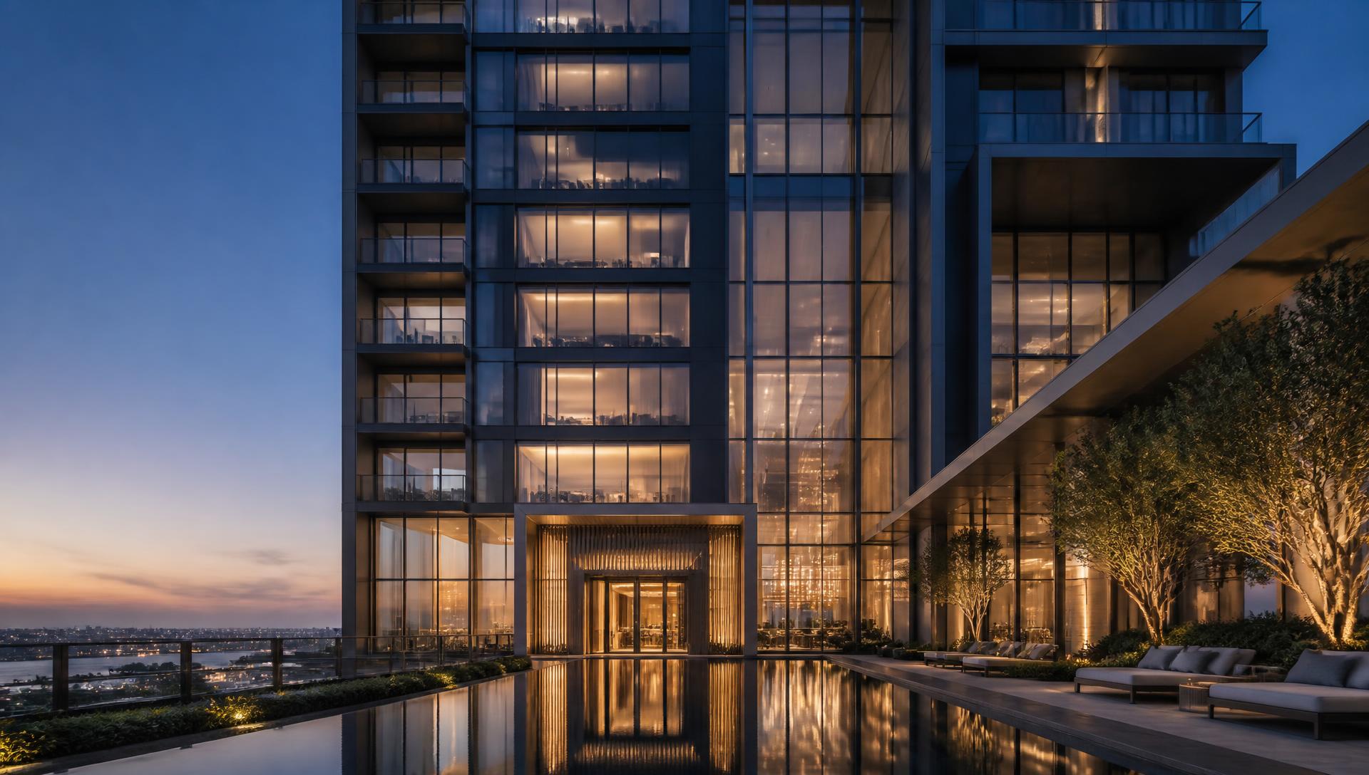 Empreendimento residencial de alto padrão iluminado ao anoitecer